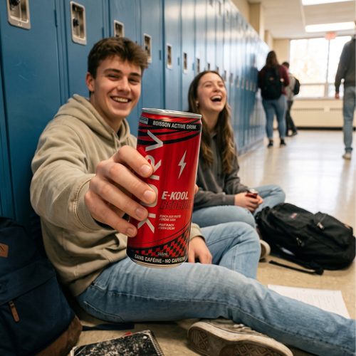 Boisson active KURV E-KOOL Redline sans caféine tenue par un étudiant dans une école