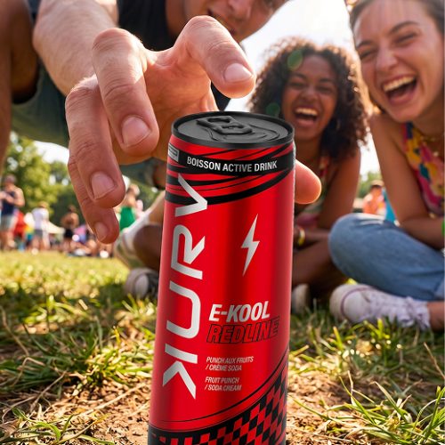Boisson active KURV E-KOOL Redline sans caféine présentée lors d'un événement extérieur